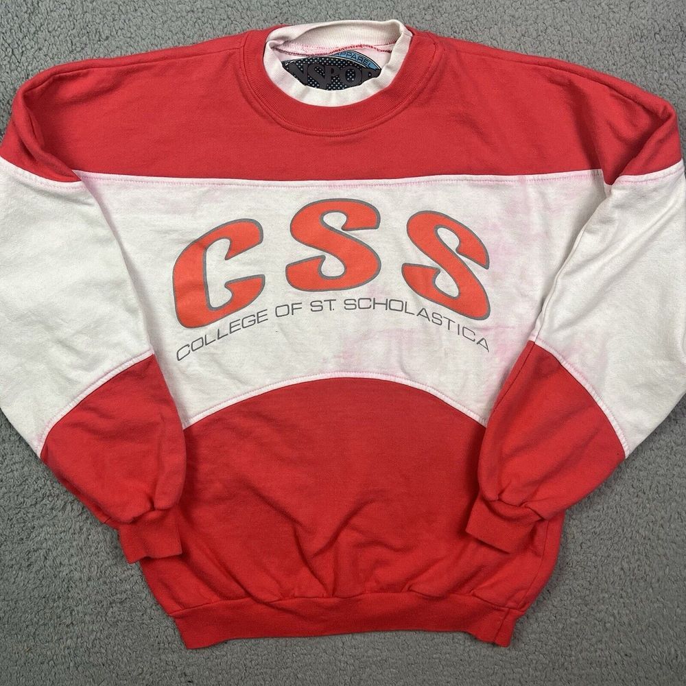 Vintage College Of St Scholastica Sweater Pink White Sweatshirt MN Minnesota 80s - Picture 1 of 12